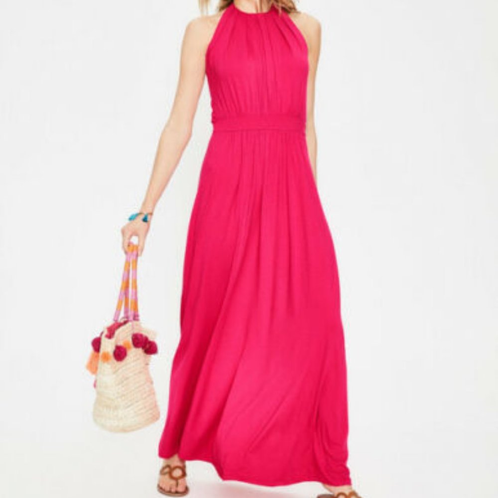 Boden Felicity Jersey Halter Maxi Dress Women's Size 14R Carnival Pink Stretch